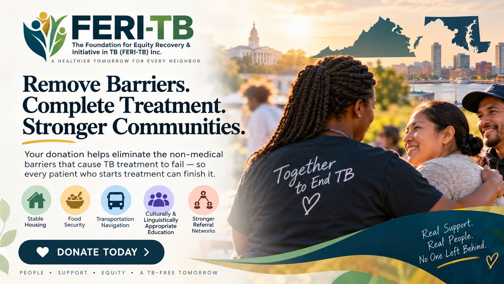 FERI-TB campaign illustration of neighbors connecting, with Virginia and Maryland in the background.